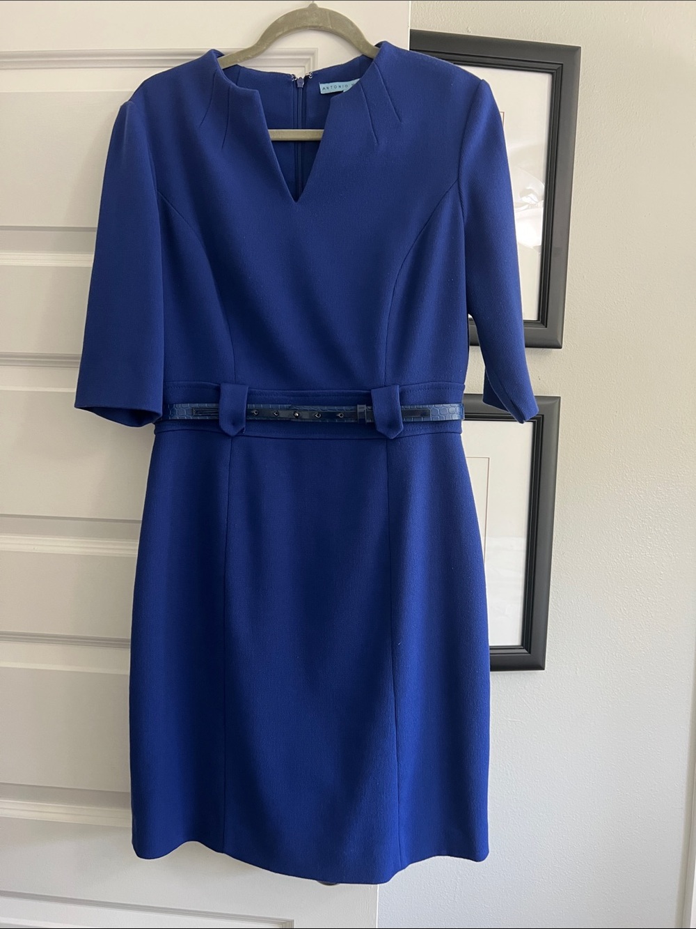 ANTONIO MELANI Cobalt Blue Midi Sheath Dress with Slim Belt